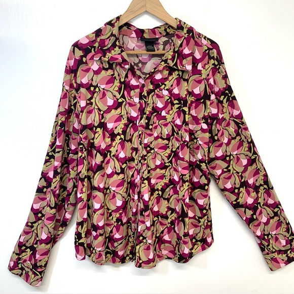 Lane Bryant Blouse 22/24 Button Up Stretch Knit Pink Abstract Long Sleeve - Picture 1 of 8